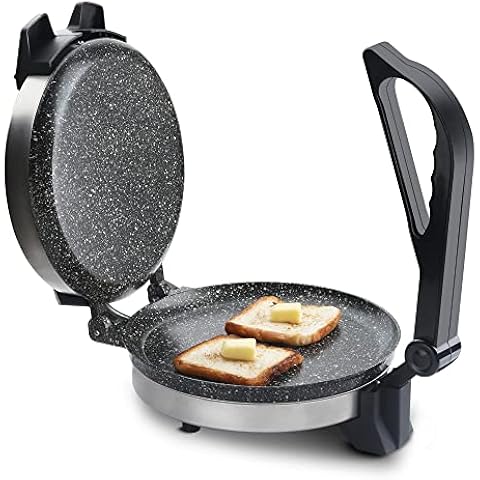 Geepas Chapathi Maker - Non-stick Coating with Thermostat Control | Cool Touch Handle Indicator Lights Ideal for Making Breads Chapathi,Roti1000 W Black/Silver, 8"