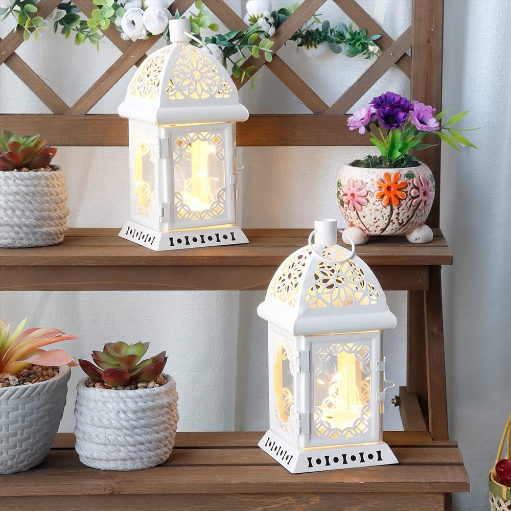 TRIROCKS Set of 2 Decorative Candle Lantern 20cm High Metal Hanging Candlestick Holders Perfect for Home Decor Living Room Parties Events Tabletop Indoors Outdoors (White)