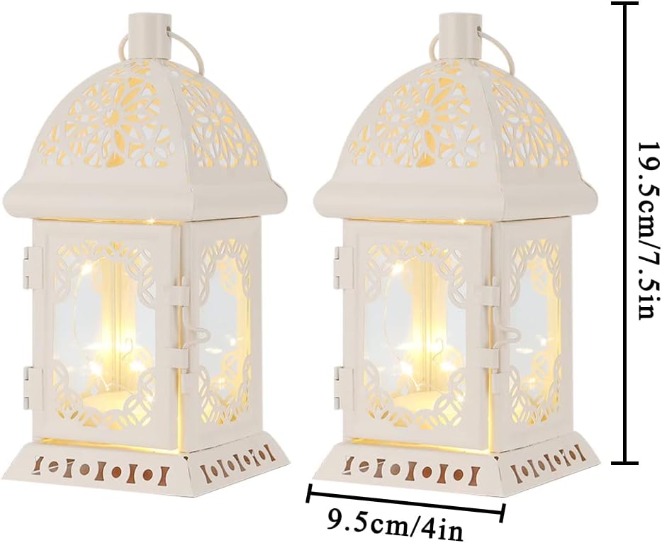 TRIROCKS Set of 2 Decorative Candle Lantern 20cm High Metal Hanging Candlestick Holders Perfect for Home Decor Living Room Parties Events Tabletop Indoors Outdoors (White)