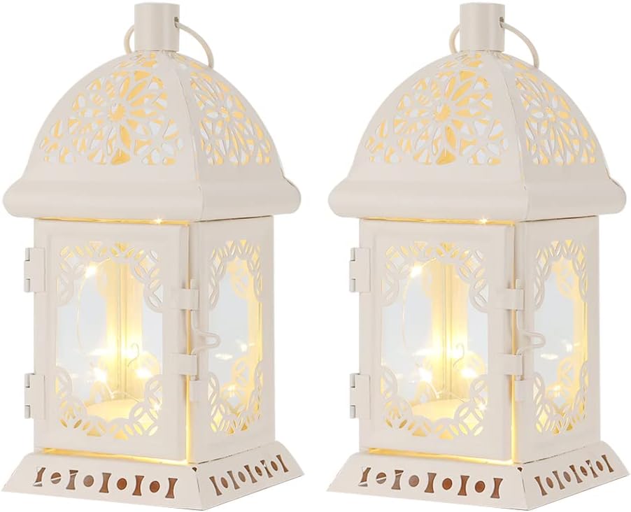 TRIROCKS Set of 2 Decorative Candle Lantern 20cm High Metal Hanging Candlestick Holders Perfect for Home Decor Living Room Parties Events Tabletop Indoors Outdoors (White)