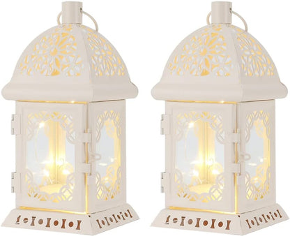 TRIROCKS Set of 2 Decorative Candle Lantern 20cm High Metal Hanging Candlestick Holders Perfect for Home Decor Living Room Parties Events Tabletop Indoors Outdoors (White)