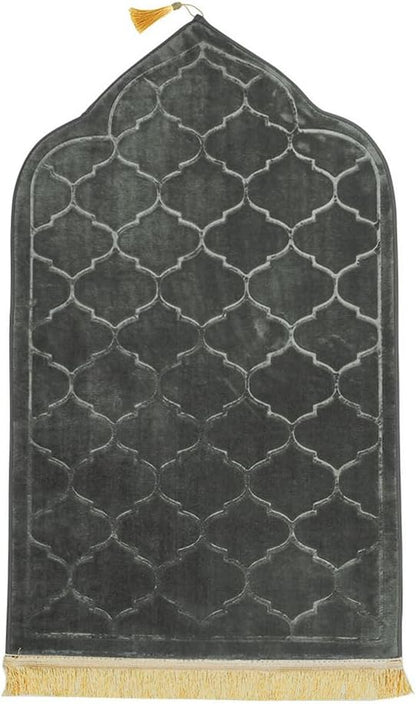 Embossed Prayer Mat Anti-Slip Velvet Top Islamic Prayer Mat Dome Style Thick Padded Sajadah Prayer Rug for Men Women Eid Gift Ramadan 70 x 110 cm (Ash Grey)