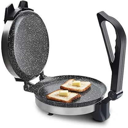 Geepas Chapathi Maker - Non-stick Coating with Thermostat Control | Cool Touch Handle Indicator Lights Ideal for Making Breads Chapathi,Roti1000 W Black/Silver, 8"