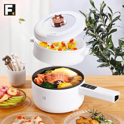 2L Hot Pot Electric Cooker Multi Cooker Electric Pot, Rice Cooker Small, Steamer Cooker, Electric Skillet, Electric Frying Pan Electric Hot Pot, Portable Nonstick Pan (Black Liner + Steamer)
