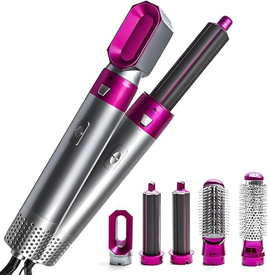 5-in-1 Hot Air Hair Dryer and Curler Tool Set – Multi-Function Hair Styler for Curling, Drying, Straightening, Volumizing, and Smoothing with Interchangeable Attachments