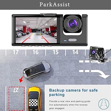 3 Camera Lens Front and Rear Inside Dashcam HD 1296P Video Recorder Night Vision