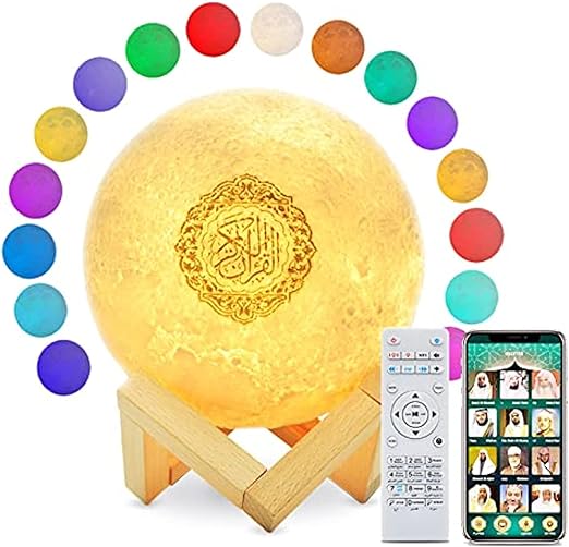 NoorWave™ 4-in-1 Quran Speaker with 16-Color 3D Moon Lamp & Recitation
