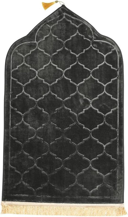 Embossed Prayer Mat Anti-Slip Velvet Top Islamic Prayer Mat Dome Style Thick Padded Sajadah Prayer Rug for Men Women Eid Gift Ramadan 70 x 110 cm (Ash Grey)