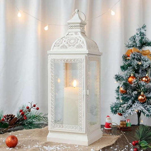 Rustic Style Metal Candle Lantern 19'' High Decorative Hanging Lantern Candle Holder with Tempered Glass for Christmas Living Room Garden Yard Patio Parties Events Indoors Outdoors(Cream)