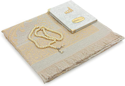 Prayer Gift Set for Men & Women, Muslim Taffeta Prayer Rug, Salah Mat, Beads Rosary, Velvet Covered Yaseen Islamic Gift Set for Ramadan & Eid, Beige