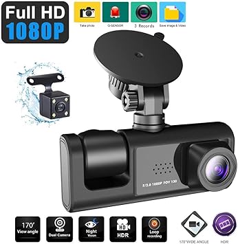 3 Camera Lens Front and Rear Inside Dashcam HD 1296P Video Recorder Night Vision