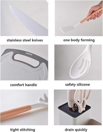 19 Piece Silicone Kitchenware Utensil Set Silicone Kitchen Utensils Set Heat Resistant Non-stick Cooking Tool with Wooden Handles Silicone Cookware Set BPA Free,19pcs Multicolor