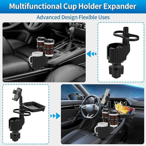 5-in-1 Car Cup Holder Expander with Detachable Tray, Dual Cup Holders, Phone Holder, Adjustable Base – Car Accessories for Road Trips, Car Gadgets