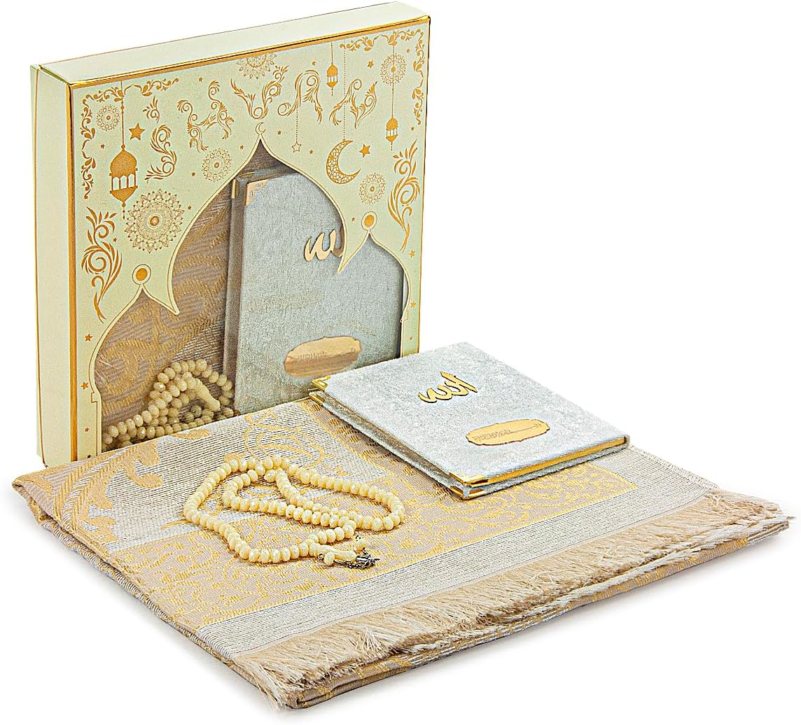 Prayer Gift Set for Men & Women, Muslim Taffeta Prayer Rug, Salah Mat, Beads Rosary, Velvet Covered Yaseen Islamic Gift Set for Ramadan & Eid, Beige