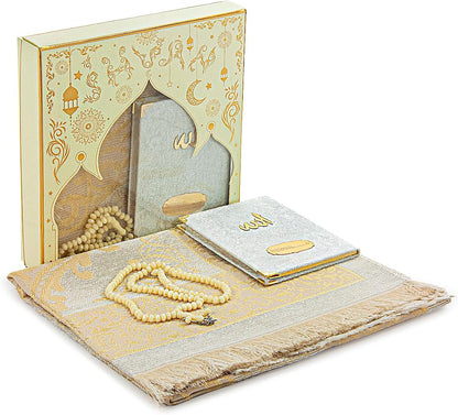 Prayer Gift Set for Men & Women, Muslim Taffeta Prayer Rug, Salah Mat, Beads Rosary, Velvet Covered Yaseen Islamic Gift Set for Ramadan & Eid, Beige