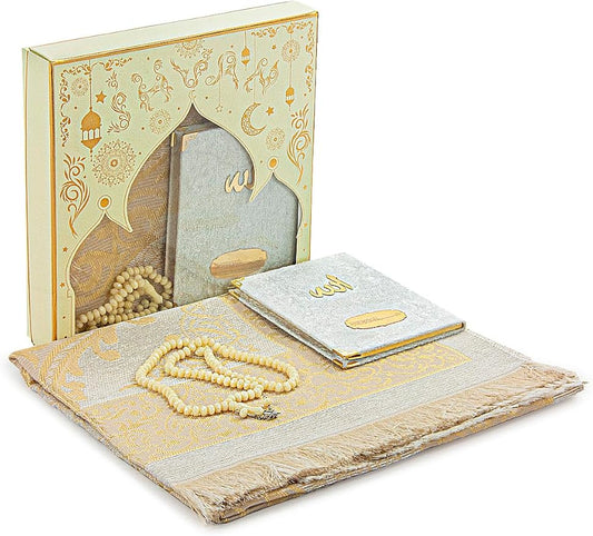 Prayer Gift Set for Men & Women, Muslim Taffeta Prayer Rug, Salah Mat, Beads Rosary, Velvet Covered Yaseen Islamic Gift Set for Ramadan & Eid, Beige