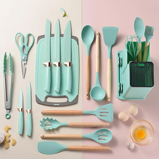 19 Piece Silicone Kitchenware Utensil Set Silicone Kitchen Utensils Set Heat Resistant Non-stick Cooking Tool with Wooden Handles Silicone Cookware Set BPA Free,19pcs Multicolor