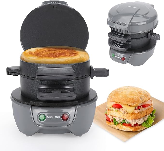 Sandwich Makers with Omelet Ring, 600W Burger Maker with Non-Stick Coating, Dishwasher Safe, Perfect for a Quick Breakfast, EU Plug (Grau)
