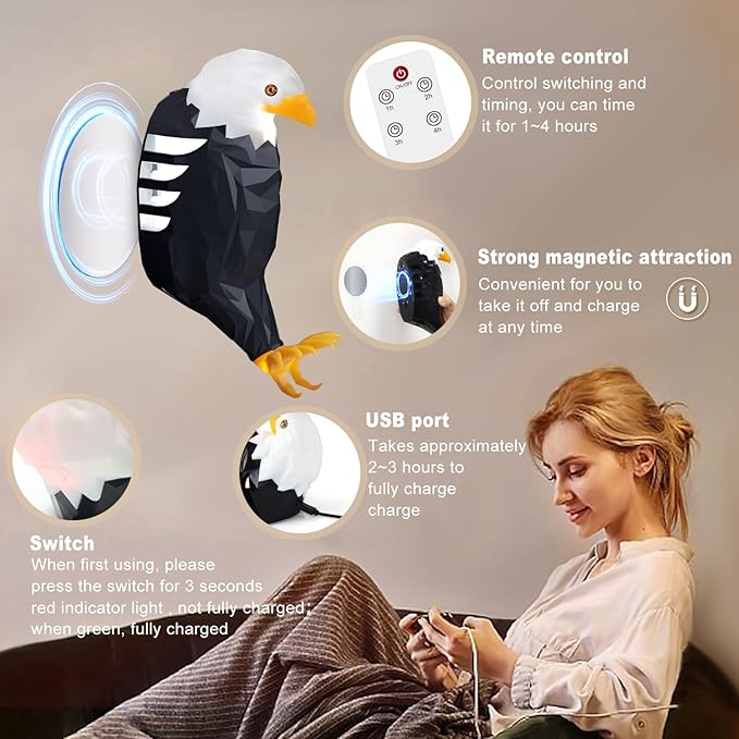 Eagle Wall Light, American Animal Bird Wall Night Light, Magnetic Led Wall Mounted Eagle Lamp, with Remote Control, USB Charging, Battery Operated & Removable Charging Eagle Light for Indoors