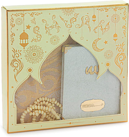 Prayer Gift Set for Men & Women, Muslim Taffeta Prayer Rug, Salah Mat, Beads Rosary, Velvet Covered Yaseen Islamic Gift Set for Ramadan & Eid, Beige