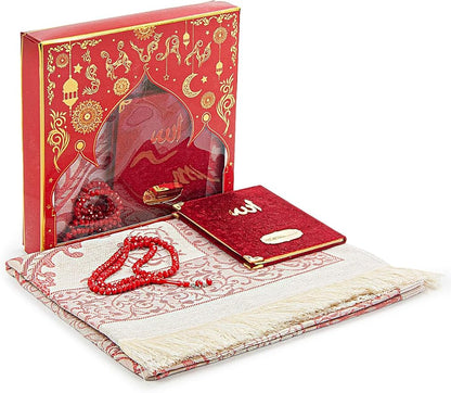 Prayer Gift Set for Men & Women, Muslim Taffeta Prayer Rug, Salah Mat, Beads Rosary, Velvet Covered Yaseen Islamic Gift Set for Ramadan & Eid, Beige