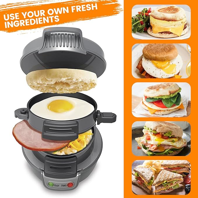 Sandwich Makers with Omelet Ring, 600W Burger Maker with Non-Stick Coating, Dishwasher Safe, Perfect for a Quick Breakfast, EU Plug (Grau)