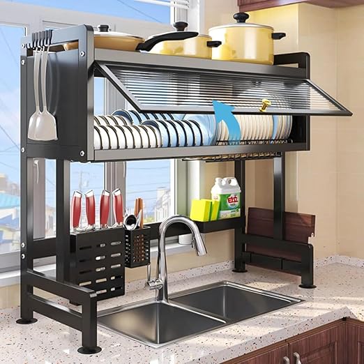 Premium Quality Heavy Duty Over The Sink Dish Drying Stand 3 Tier Large Dish Rack Over The Counter Dish Drying Rack for Kitchen Sink Shelf with Door Dish Organizer with Dust-Proof Cabinet