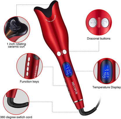 HICITI Multi-Automatic Hair Curler Hair Curling Iron LCD Ceramic Rotating Hair Waver Magic Curling Wand Irons Hair Styling Tools (RED)