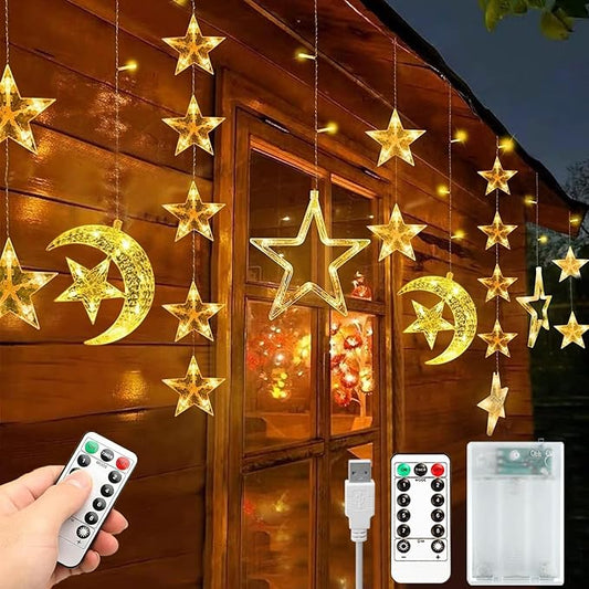 Ramadan Decorations Lights, Star Moon Lights with Remote Control & Battery Case for Home Ramadan Lights for Holiday Ramadan Decorations