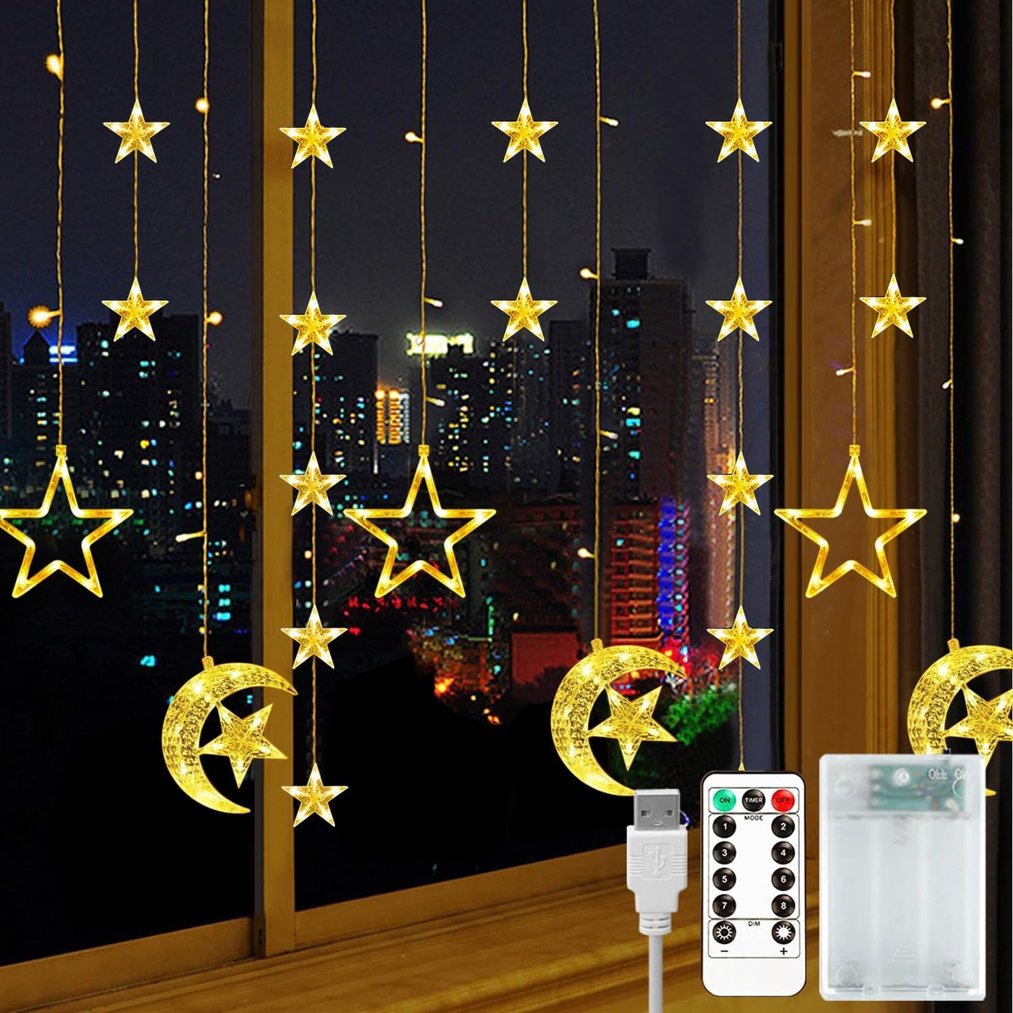 Ramadan Decorations Lights, Star Moon Lights with Remote Control & Battery Case for Home Ramadan Lights for Holiday Ramadan Decorations