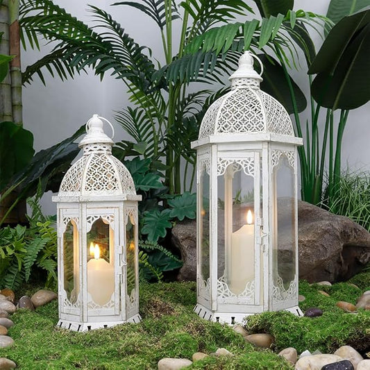 Set of 2 Decorative Candle Lantern 22"&17" H Outdoor Candle Lanterns Vintage Metal Candle Holder for Garden Living Room Indoor Outdoor Parties Weddings Patio Home Decor(White with Gold Brush)