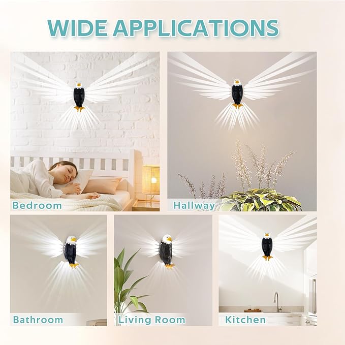 Eagle Wall Light, American Animal Bird Wall Night Light, Magnetic Led Wall Mounted Eagle Lamp, with Remote Control, USB Charging, Battery Operated & Removable Charging Eagle Light for Indoors