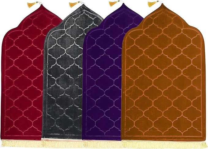 Embossed Prayer Mat Anti-Slip Velvet Top Islamic Prayer Mat Dome Style Thick Padded Sajadah Prayer Rug for Men Women Eid Gift Ramadan 70 x 110 cm (Ash Grey)