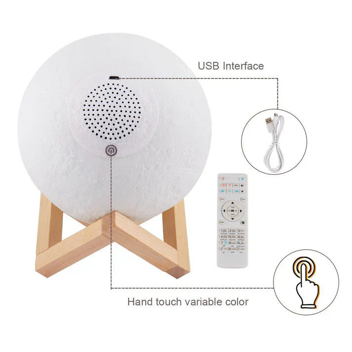 NoorWave™ 4-in-1 Quran Speaker with 16-Color 3D Moon Lamp & Recitation