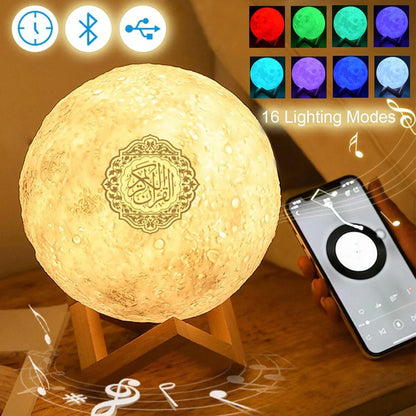NoorWave™ 4-in-1 Quran Speaker with 16-Color 3D Moon Lamp & Recitation