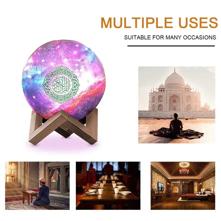 NoorWave™ 4-in-1 Quran Speaker with 16-Color 3D Moon Lamp & Recitation