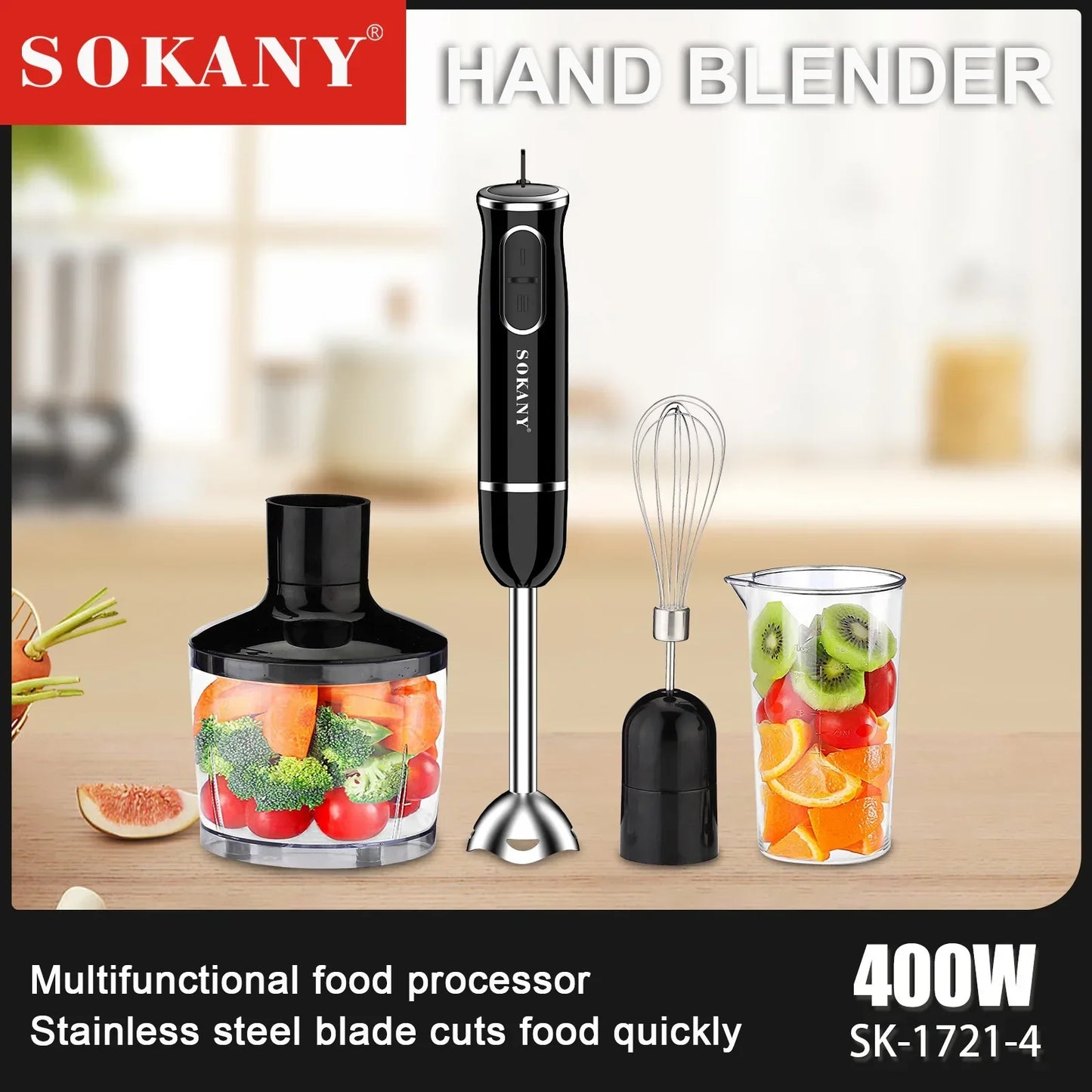 Sokany™ 4-in-1 Low-Noise Blender with Beaker, Chopper, Whisk & Milk Frother